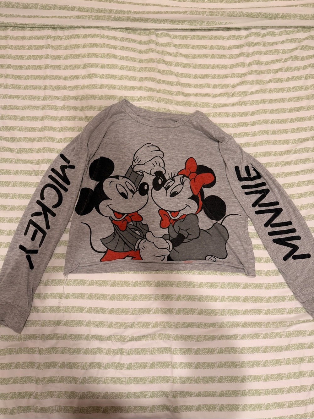 Disney Gray Mickey & Minnie Graphic Cropped Sweatshirt with Red Accents
